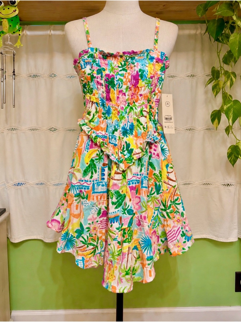 No Boundaries Multicolor Tropical Smocked Mini Dress